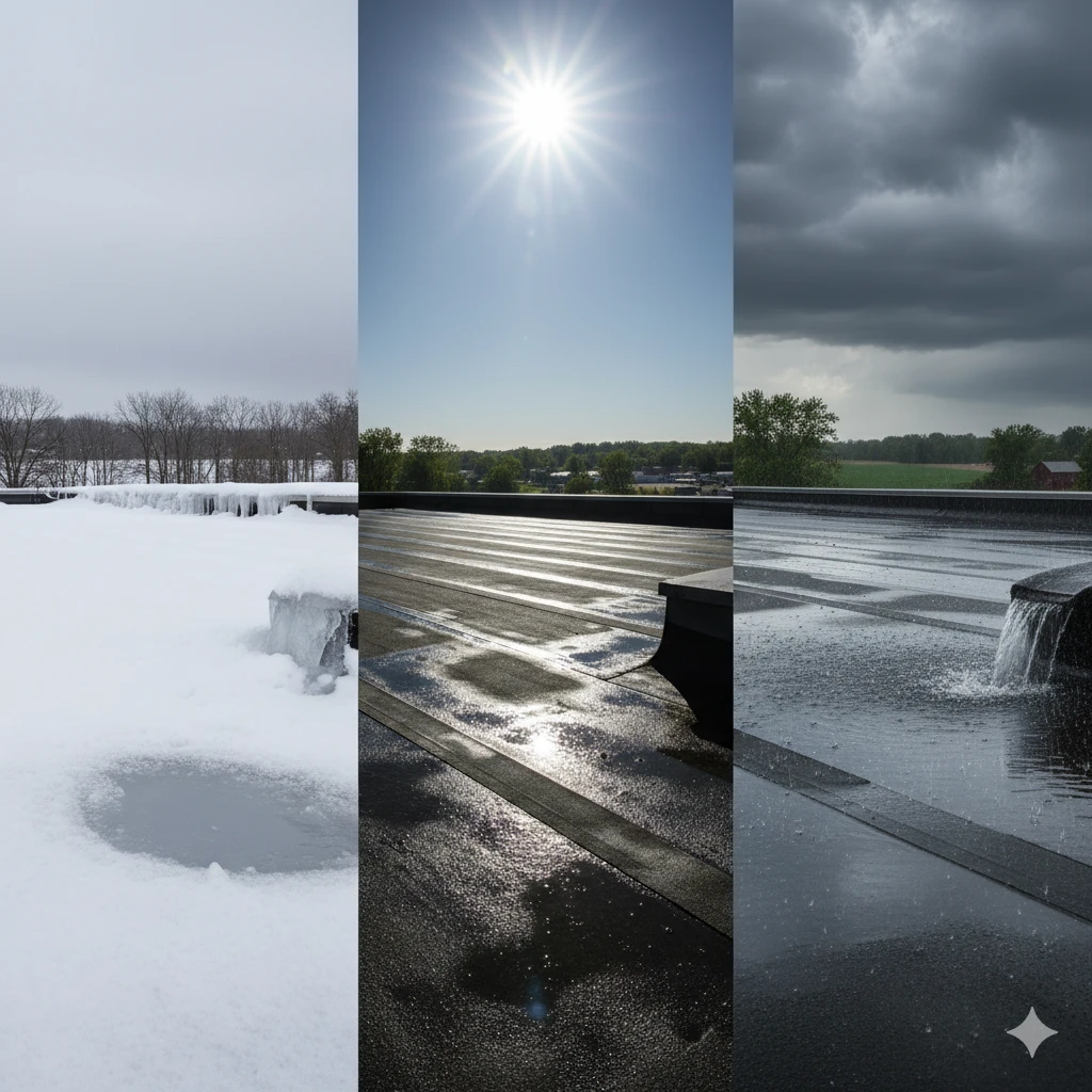 How Seasonal Weather Affects Flat Roof Lifespan: Tips for Snow, Sun, and Heavy Rain